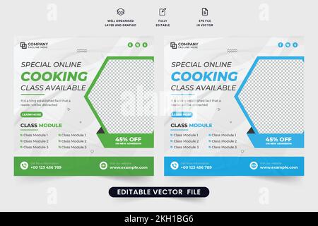 Special online cooking course promotional poster design with creative shapes. Culinary training center social media promotion template vector. Online Stock Vector