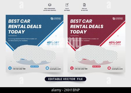 Car rental web banner template with blue and maroon colors. Modern vehicle rental business promotional poster vector for online marketing. Car rental Stock Vector