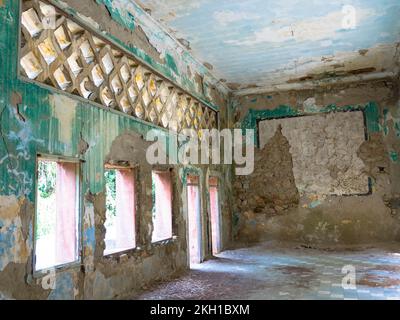 Lost Place in Eleousa. Derelict sanatorium. Historic Italian settlement. Detailed view of a former old cinema. Rhodes island, Greece. Stock Photo