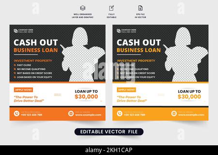 Business loan social media post vector with orange and yellow colors. Modern bank loan advertisement template with lowest interest service. Personal l Stock Vector