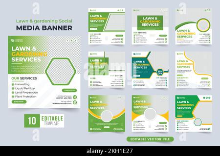 Agro farming service social media post bundle with green and blue colors. Lawn gardening service web banner template collection for online marketing. Stock Vector