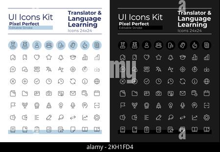 Translator pixel perfect linear ui icons set for dark, light mode Stock Vector