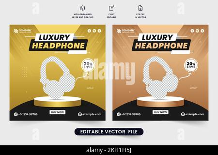 Luxury headphone social media post vector with discount offer section. Wireless headphone brand promotion web banner design with golden and dark color Stock Vector