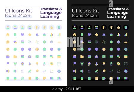 Translator and language learning flat color ui icons set for dark, light mode Stock Vector