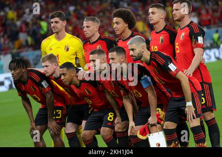 L-R, front, Belgium's Michy Batshuayi, Belgium's Kevin De Bruyne, Belgium's Youri Tielemans, Belgium's Timothy Castagne, Belgium's Eden Hazard, Belgium's Yannick Carrasco and up, Belgium's goalkeeper Thibaut Courtois, Belgium's Toby Alderweireld, Belgium's Axel Witsel, Belgium's Leander Dendoncker and Belgium's Jan Vertonghen pose for the team picture at the beginning of a soccer game between Belgium's national team the Red Devils and Canada, in Group F of the FIFA 2022 World Cup in Al Rayyan, State of Qatar on Wednesday 23 November 2022. BELGA PHOTO VIRGINIE LEFOUR Stock Photo