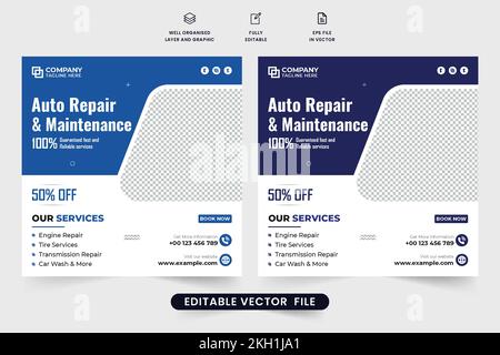 Professional car repair and cleaning service advertisement template design with photo placeholders. Vehicle maintenance social media post vector for m Stock Vector
