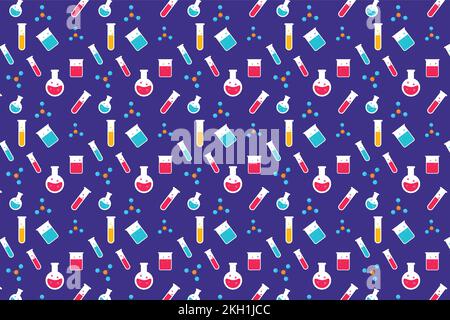 Seamless science pattern background vector with molecular basis and test tube icons. Educational pattern design for backdrop and wallpaper on a purple Stock Vector