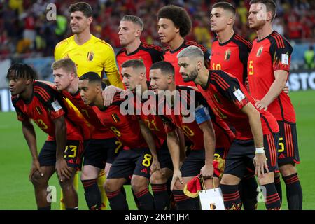 L-R, front, Belgium's Michy Batshuayi, Belgium's Kevin De Bruyne, Belgium's Youri Tielemans, Belgium's Timothy Castagne, Belgium's Eden Hazard, Belgium's Yannick Carrasco and up, Belgium's goalkeeper Thibaut Courtois, Belgium's Toby Alderweireld, Belgium's Axel Witsel, Belgium's Leander Dendoncker and Belgium's Jan Vertonghen pose for the team picture at the beginning of a soccer game between Belgium's national team the Red Devils and Canada, in Group F of the FIFA 2022 World Cup in Al Rayyan, State of Qatar on Wednesday 23 November 2022. BELGA PHOTO VIRGINIE LEFOUR Stock Photo