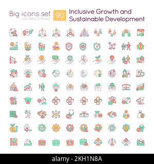 Inclusive growth and sustainable development RGB color icons set Stock Vector