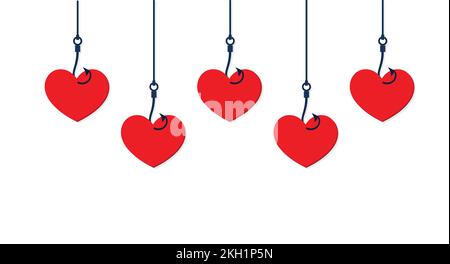 On fishing hook hanging heart. Deception, a trap on the hook. Flat design style, vector illustration. Eps 10 Stock Vector