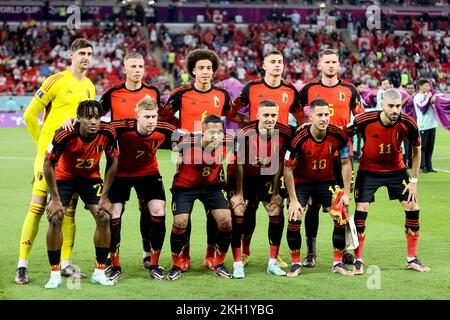 L-R, front, Belgium's Michy Batshuayi, Belgium's Kevin De Bruyne, Belgium's Youri Tielemans, Belgium's Timothy Castagne, Belgium's Eden Hazard, Belgium's Yannick Carrasco and up, Belgium's goalkeeper Thibaut Courtois, Belgium's Toby Alderweireld, Belgium's Axel Witsel, Belgium's Leander Dendoncker and Belgium's Jan Vertonghen pose for the team picture at the beginning of a soccer game between Belgium's national team the Red Devils and Canada, in Group F of the FIFA 2022 World Cup in Al Rayyan, State of Qatar on Wednesday 23 November 2022. BELGA PHOTO BRUNO FAHY Stock Photo