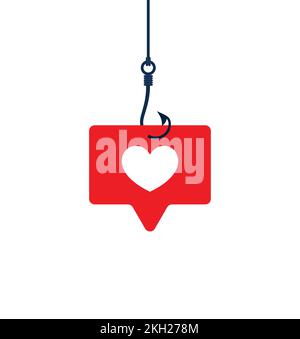 like concept - Red Heart Fishing Hook.Conceptual vector illustration in flat style design.Isolated on background. Eps 10 Stock Vector