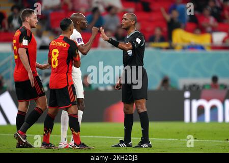 Referee Janny Sikazwe during the FIFA World Cup Group F match at the Ahmad bin Ali Stadium, Al Rayyan. Picture date: Wednesday November 23, 2022. Stock Photo