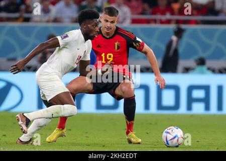 Al Rayyan, Qatar. 23rd Nov, 2022. Canadian Alphonso Davies and Belgium's Leander Dendoncker pictured in action during a soccer game between Belgium's national team the Red Devils and Canada, in Group F of the FIFA 2022 World Cup in Al Rayyan, State of Qatar on Wednesday 23 November 2022. BELGA PHOTO VIRGINIE LEFOUR Credit: Belga News Agency/Alamy Live News Stock Photo