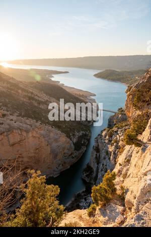 Aerial view of the Pont du Galetas at the limit of the Gorges du Verdon and Lac de Sainte-Croix in Aiguines. Stock Photo