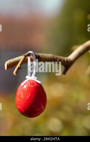 Red and painted easter egg hanging from a branch of a tree, celebrating Easter or Pascha in a traditional way Stock Photo