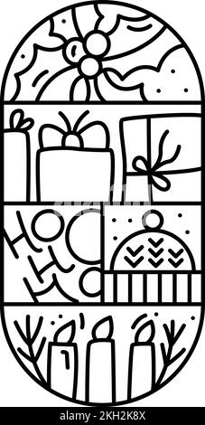 Christmas logo advent composition snow, gift boxes, hat, holly berry and candles. Hand drawn winter vector constructor in two half round frame and Stock Vector