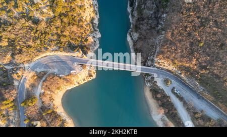 Aerial view of the Pont du Galetas at the limit of the Gorges du Verdon and Lac de Sainte-Croix in Aiguines. Stock Photo