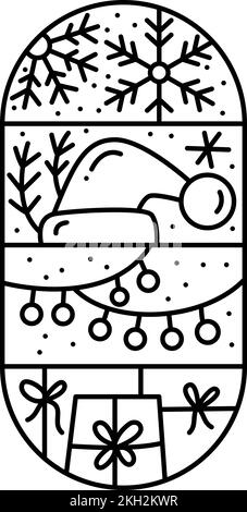 Christmas logo advent composition snow, gift boxes, hat, garland and branches. Hand drawn winter vector constructor in two half round frame and Stock Vector