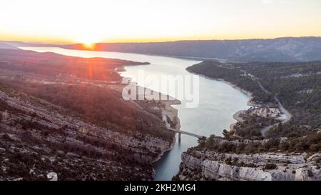 Aerial view of the Pont du Galetas at the limit of the Gorges du Verdon and Lac de Sainte-Croix in Aiguines. Stock Photo