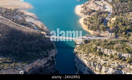 Aerial view of the Pont du Galetas at the limit of the Gorges du Verdon and Lac de Sainte-Croix in Aiguines. Stock Photo