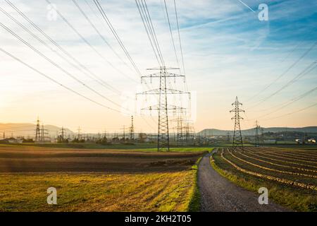 Electric power lines in an agrar field during sunset. Stock Photo