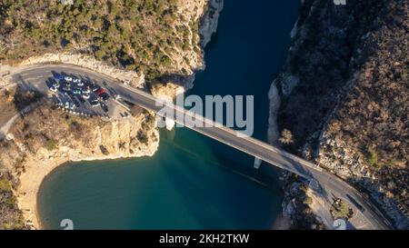 Aerial view of the Pont du Galetas at the limit of the Gorges du Verdon and Lac de Sainte-Croix in Aiguines. Stock Photo