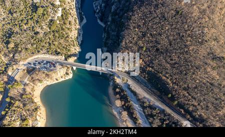 Aerial view of the Pont du Galetas at the limit of the Gorges du Verdon and Lac de Sainte-Croix in Aiguines. Stock Photo