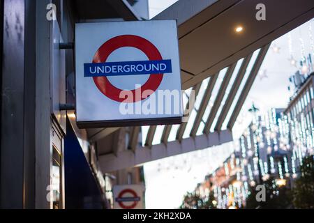 London, UK - November 4, 2022: Tube station logo in London city. Stock Photo