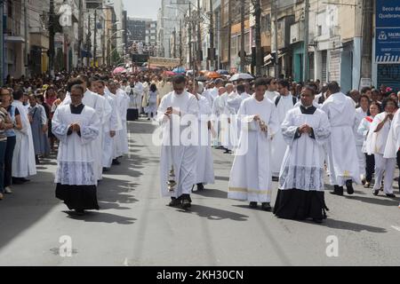 Salvador, Bahia, Brazil - May 26, 2016: Catholic priests and seminarians participate in the Corpus Christ procession in Salvador, Bahia. Stock Photo