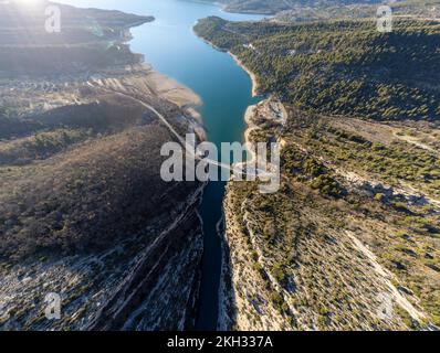 Aerial view of the Pont du Galetas at the limit of the Gorges du Verdon and Lac de Sainte-Croix in Aiguines. Stock Photo