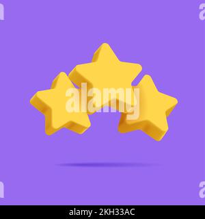 Three stars rank icon in cartoon 3d style on purple backdrop, Vector illustration volumetric yellow star modern Stock Vector