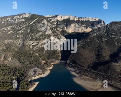 Aerial view of the Pont du Galetas at the limit of the Gorges du Verdon and Lac de Sainte-Croix in Aiguines. Stock Photo