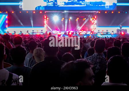 Citizens of different countries FIFA World Cup Football Qatar 2022 Celebrating and watching opening ceremony in fan Festival zone Stock Photo