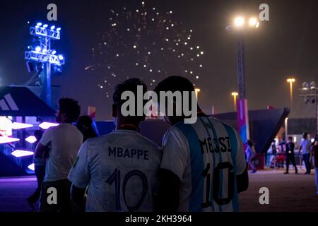 Citizens of different countries FIFA World Cup Football Qatar 2022 Celebrating and watching opening ceremony in fan Festival zone Stock Photo