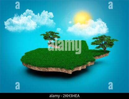 The 3D rendering of Guatemala Map with clouds tree sun rays on bright blue Sky. Stock Photo