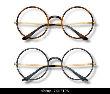 Vector 3d Realistic Round Frame Glasses Icon Set Isolated. Leopard and Black Frame. Transparent Sunglasses for Women and Men, Accessory. Optics, Lens Stock Vector