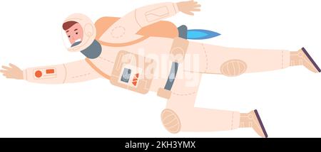Astronaut flying with jetpack. Space explorer character isolated on white background Stock Vector