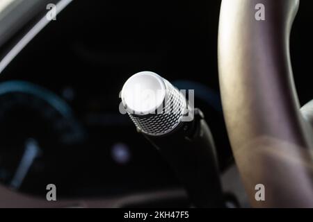 Turn signal lever close up. Modern car  interior details. Car wipers switch control Stock Photo