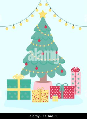 Christmas template illustration with Christmas tree, present gifts and garland. Background on new year Stock Vector