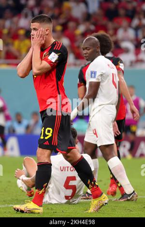 Al Rayyan, Qatar. 23rd Nov, 2022. Belgium's Leander Dendoncker reacts during a soccer game between Belgium's national team the Red Devils and Canada, in Group F of the FIFA 2022 World Cup in Al Rayyan, State of Qatar on Wednesday 23 November 2022. BELGA PHOTO VIRGINIE LEFOUR Credit: Belga News Agency/Alamy Live News Stock Photo