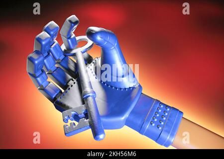 Robotic Hand with Key on Warm Background Stock Photo