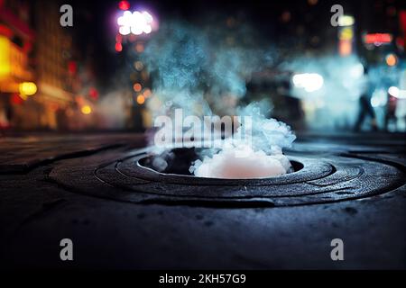 manhole on a blurred background of Times Square during shows and a bustling city street lights at night. Bokeh effect in 3D illustration and urban Stock Photo