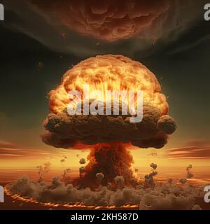 A nuclear explosion in the skyline creates a nuclear fire mushroom cloud in an apocalyptic war. 3D illustration. Stock Photo