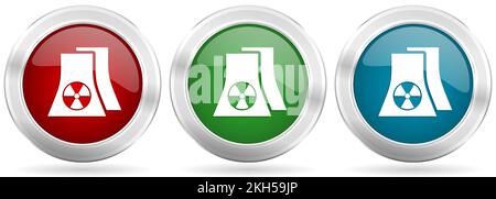 Nuclear power plant vector icon set. Red, blue and green silver metallic web buttons with chrome border Stock Vector