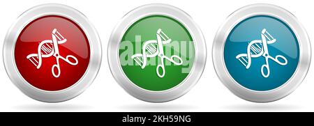 Dna, genetic modification vector icon set. Red, blue and green silver metallic web buttons with chrome border Stock Vector