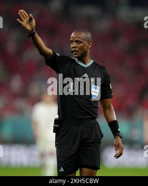 Referee Janny Sikazwe during the FIFA World Cup Group F match at the Ahmad bin Ali Stadium, Al Rayyan. Picture date: Wednesday November 23, 2022. Stock Photo