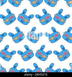 A set of blue cartoon rabbits with 3d cinema glasses isolated on white background Stock Vector