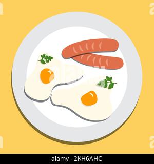 Fried eggs with sausages and parsley on white plate top view on yellow background, vector illustration Stock Vector