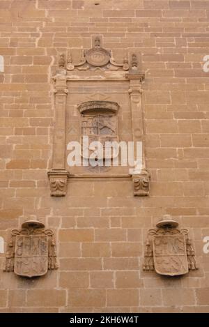 Royal coat of arms on the outer wall of the monastery Convento de San Franciso in Santo Domingo de la Calzada, La Rioja, Spain Stock Photo